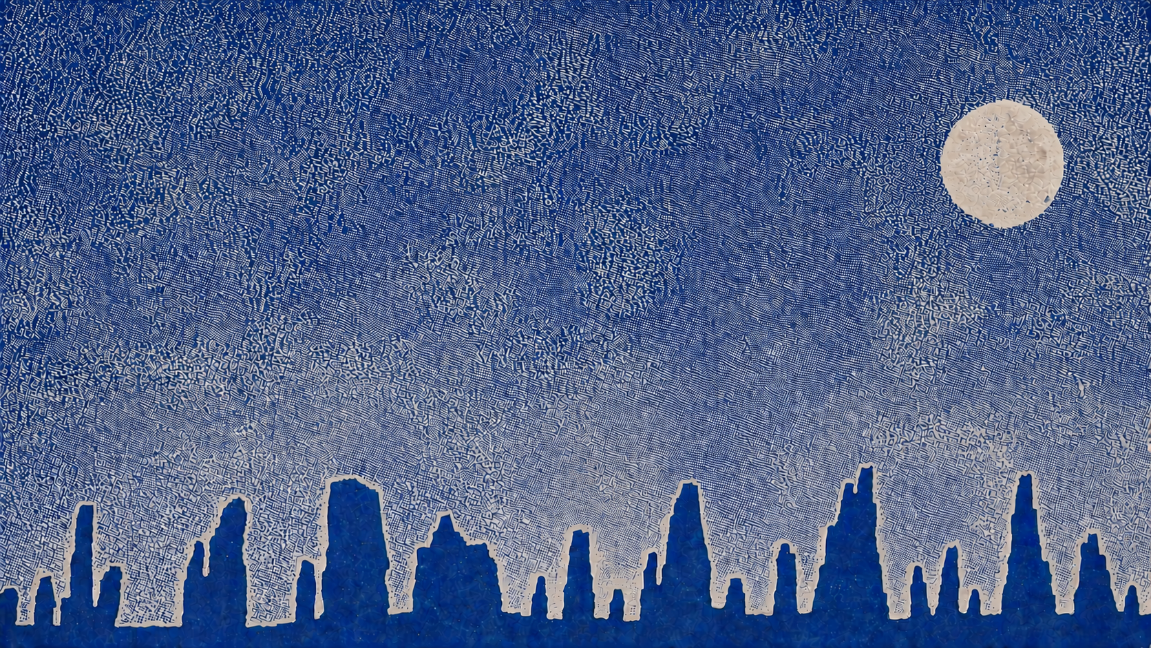 A cobalt screen-print landscape of standing stones beneath a pale moon